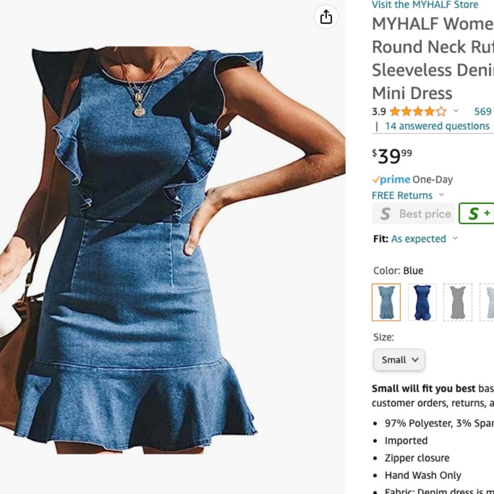 MYHALF Women's Casual Round Neck Ruffle Trim Sleeveless Denim A Line Mini Dress